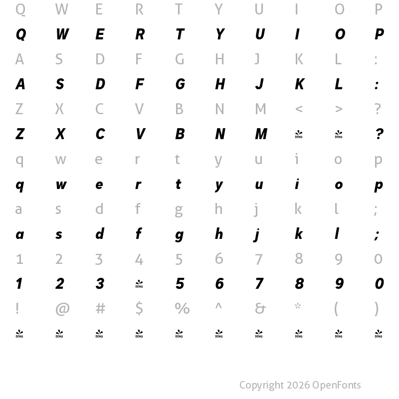 Character Map of FONTSPRING DEMO - Dexa Pro Nr Bold Italic