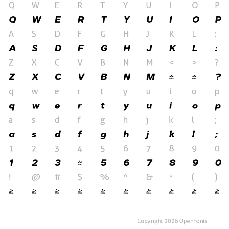 Character Map of FONTSPRING DEMO - Dexa Round Ita Bold Italic