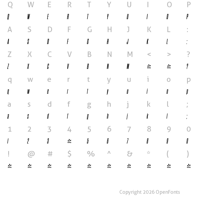 Character Map of FONTSPRING DEMO - Dharma Gothic Rnd C Bold Italic