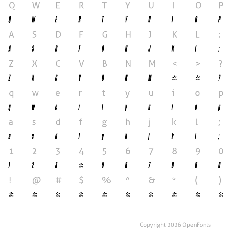 Character Map of FONTSPRING DEMO - Dharma Gothic Rnd C Heavy Italic