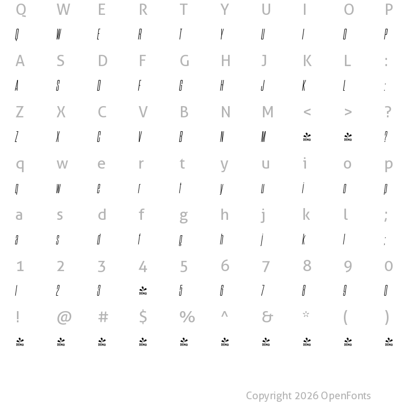 Character Map of FONTSPRING DEMO - Dharma Gothic Rnd C Light Italic