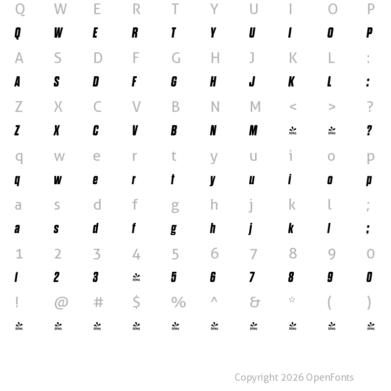 Character Map of FONTSPRING DEMO - Dharma Gothic Rnd E ExBold Italic