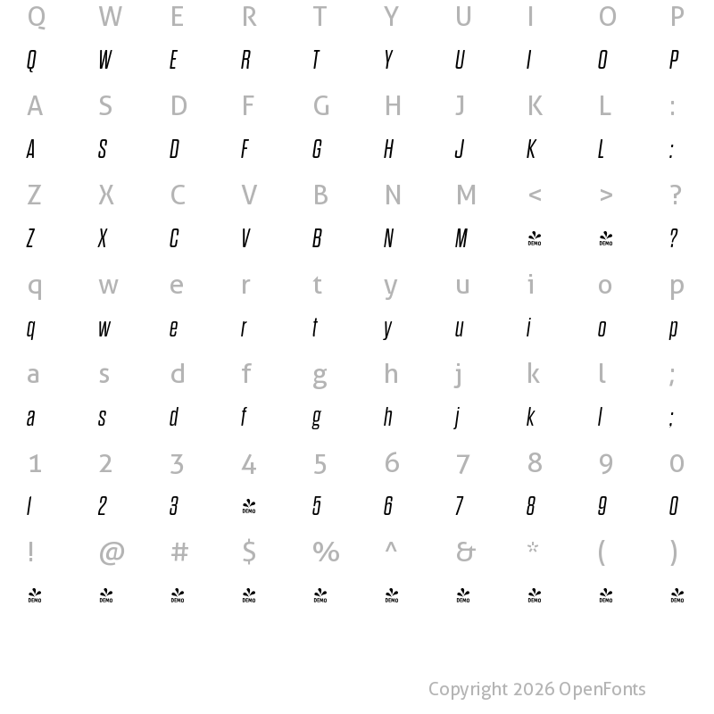 Character Map of FONTSPRING DEMO - Dharma Gothic Rnd E Light Italic