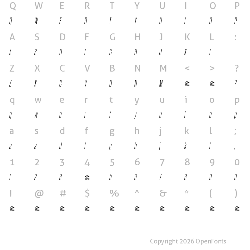 Character Map of FONTSPRING DEMO - Dharma Gothic Rnd M ExLight Italic