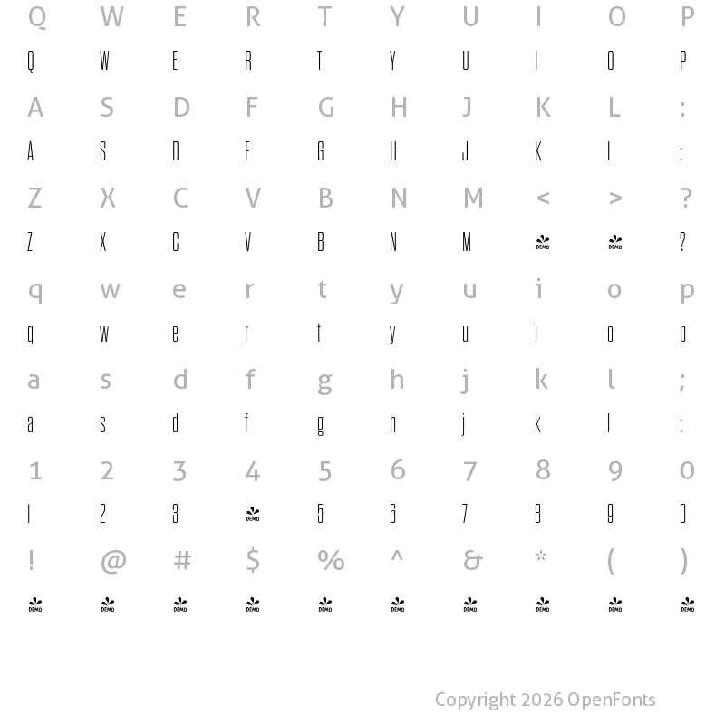 Character Map of FONTSPRING DEMO - Dharma Gothic Rnd M ExLight Regular