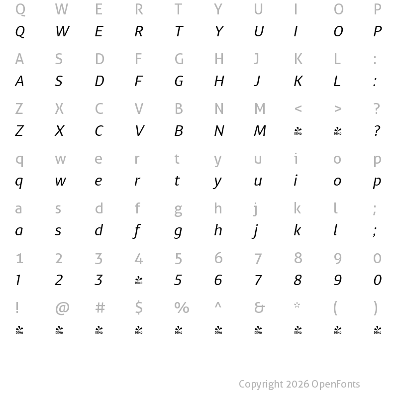 Character Map of FONTSPRING DEMO - Diaria Sans Pro Italic