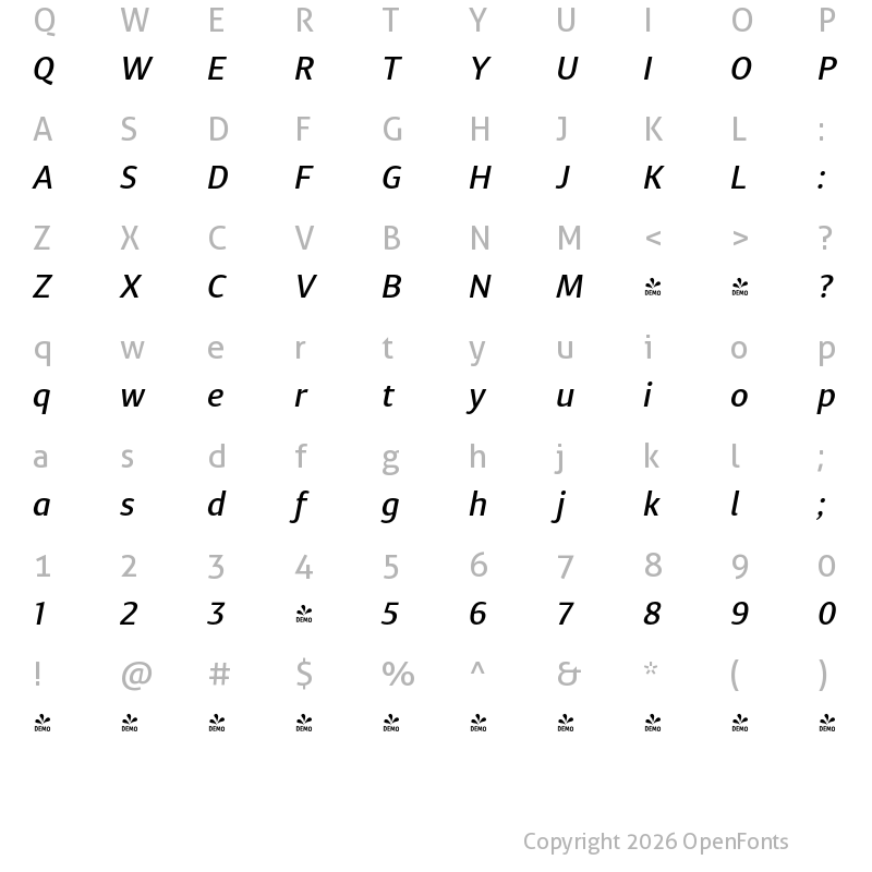 Character Map of FONTSPRING DEMO - Diaria Sans Pro Md Italic
