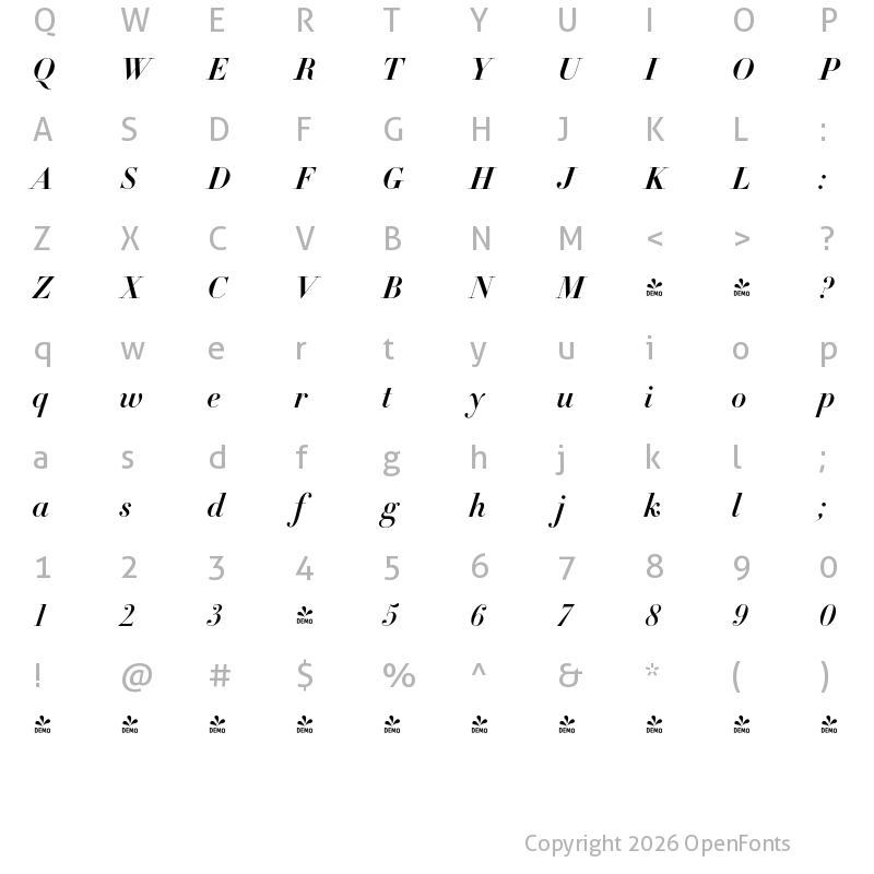 Character Map of FONTSPRING DEMO - DietDidot Bold Italic