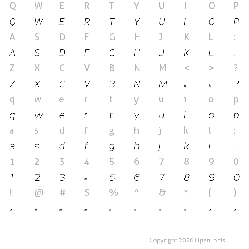 Character Map of FONTSPRING DEMO - Dillan Ultra Light Italic