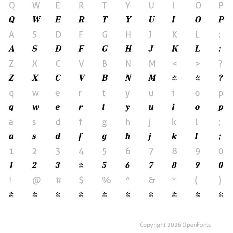 Character Map of FONTSPRING DEMO - DIN Neue Roman Bold Italic