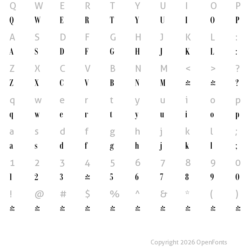 Character Map of FONTSPRING DEMO - Dionisio Bold Cond Bold