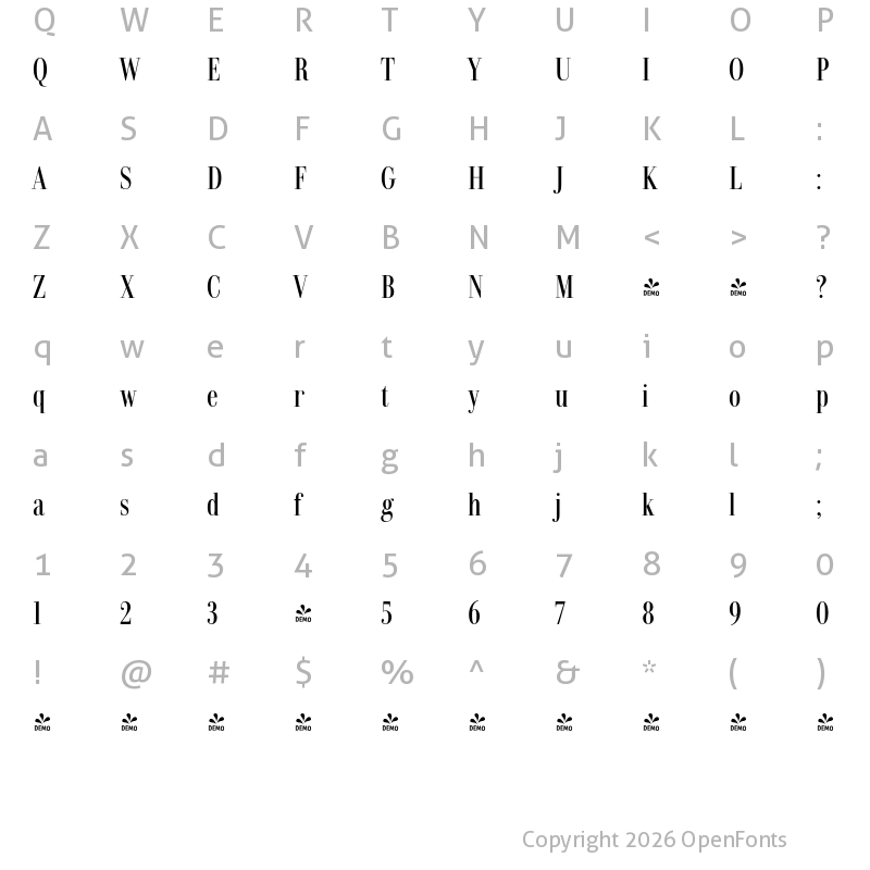 Character Map of FONTSPRING DEMO - Dionisio Medium Cond Medium