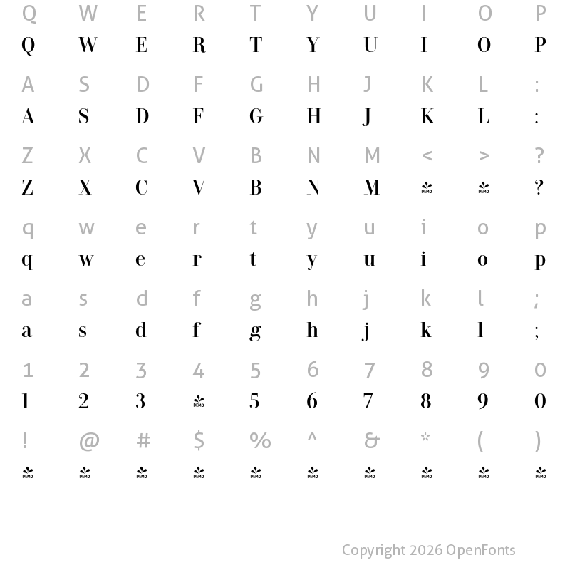 Character Map of FONTSPRING DEMO - Dionisio Medium Medium