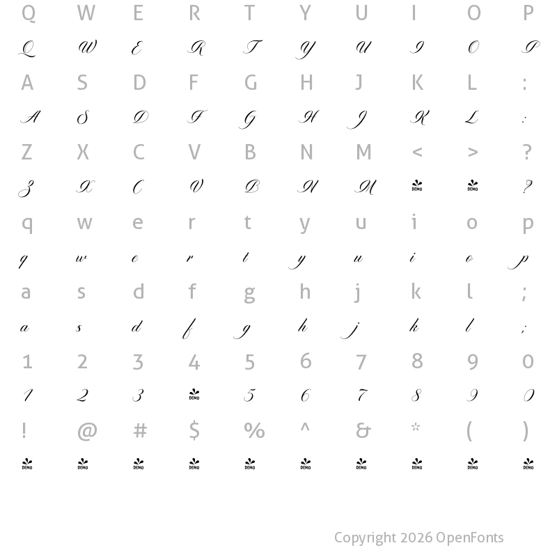 Character Map of FONTSPRING DEMO - Diploma Script Pro Regular