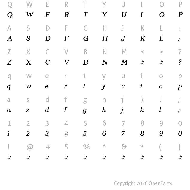 Character Map of FONTSPRING DEMO - Directors Cut Pro Bold Italic