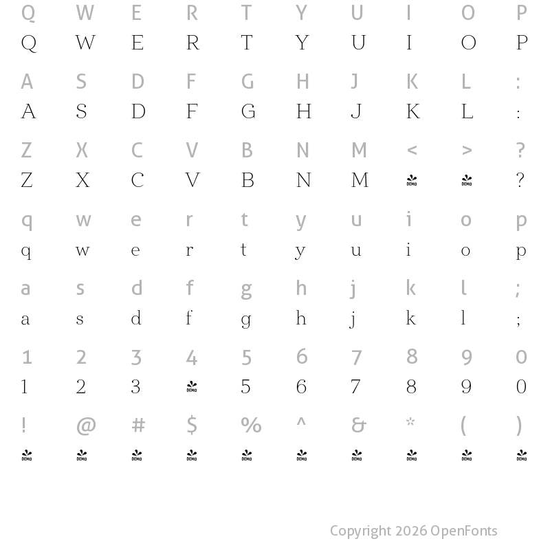 Character Map of FONTSPRING DEMO - Directors Cut Pro Light Regular