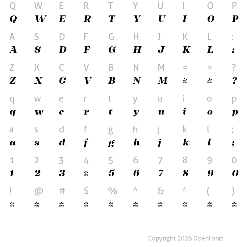 Character Map of FONTSPRING DEMO - Display Hv It Italic