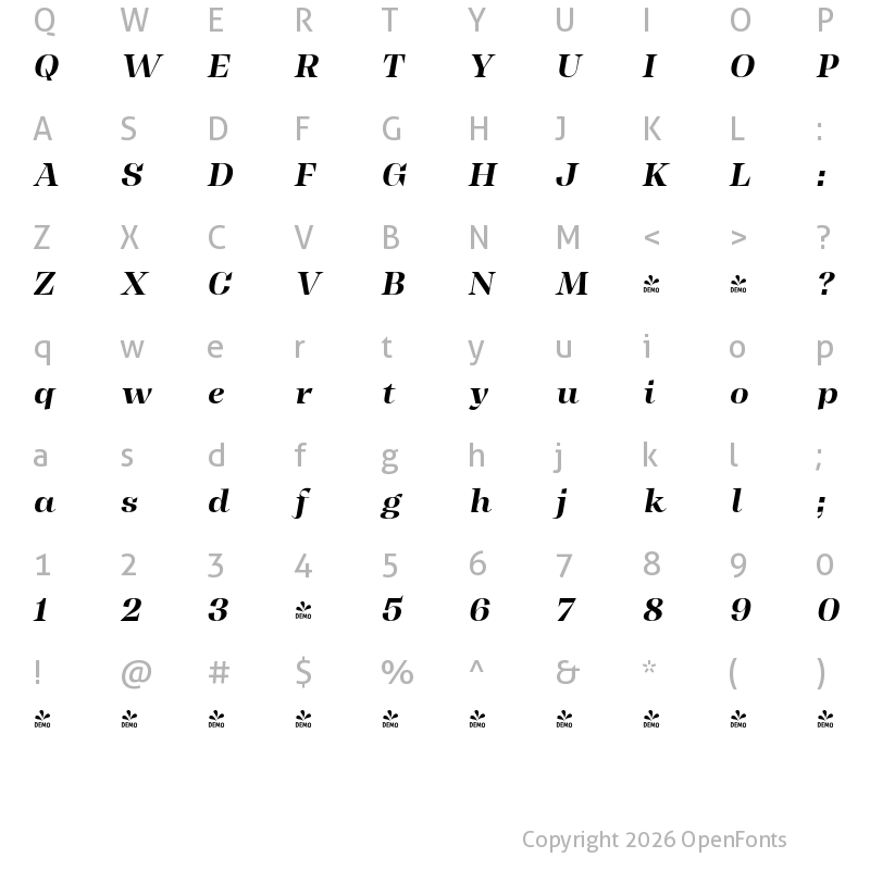 Character Map of FONTSPRING DEMO - Display It Bold Italic