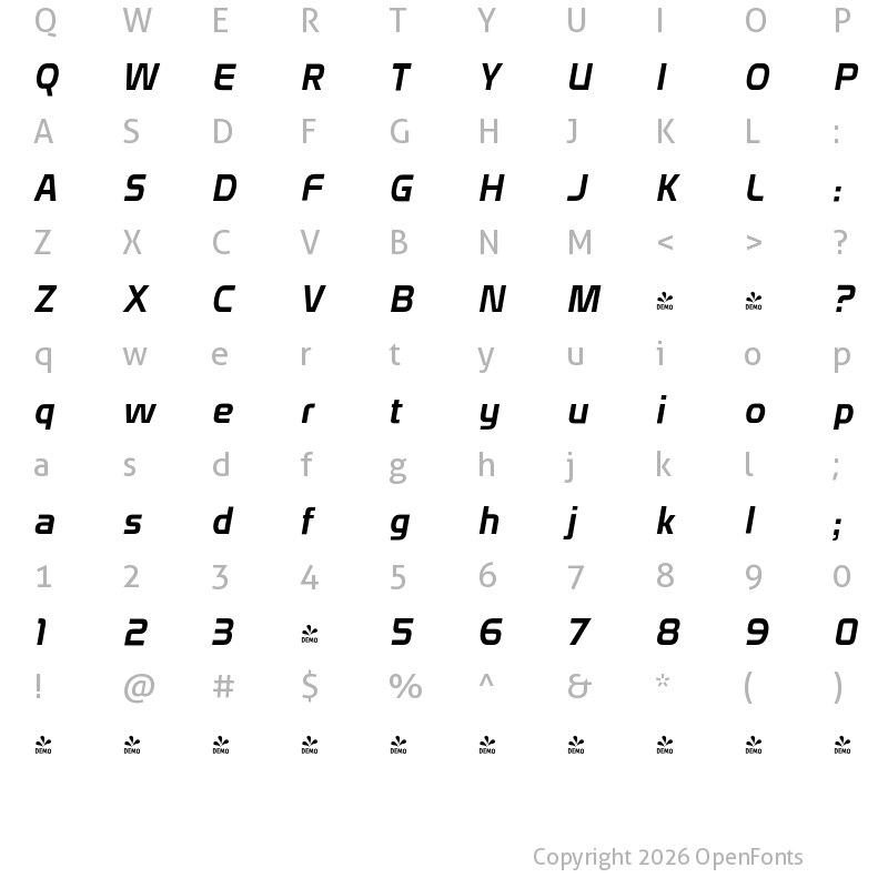 Character Map of FONTSPRING DEMO - Domyouji Italic