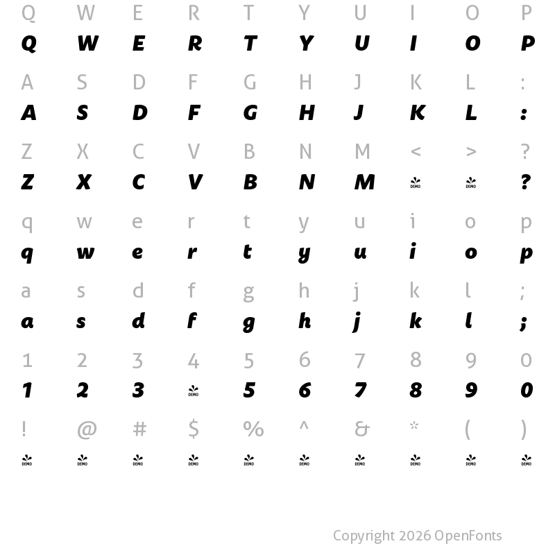 Character Map of FONTSPRING DEMO - Dona Alt Black Italic