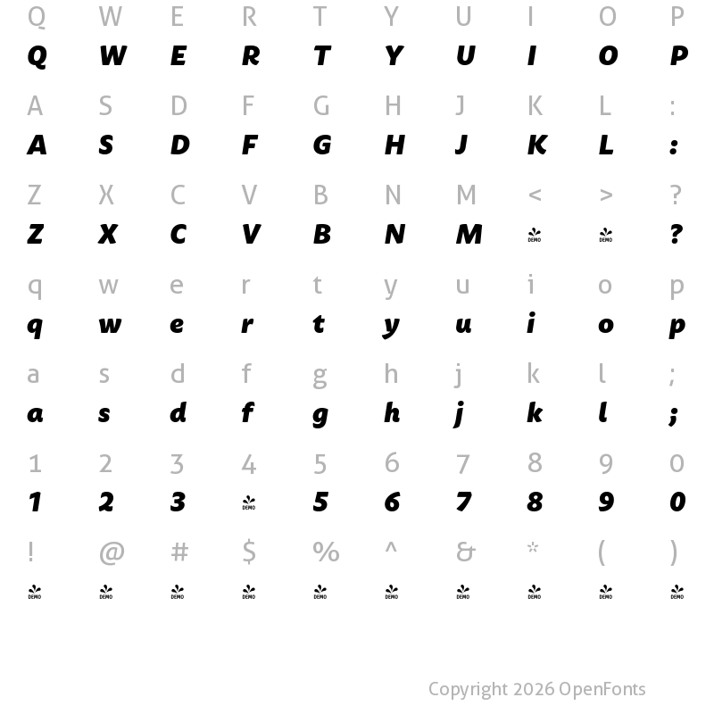 Character Map of FONTSPRING DEMO - Dona Black Italic