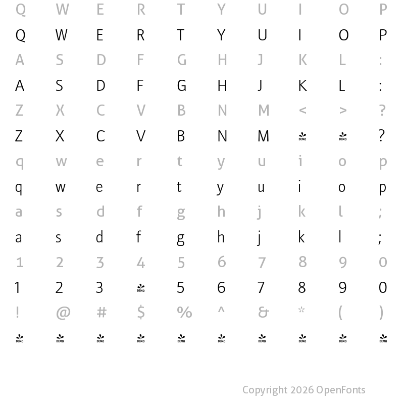 Character Map of FONTSPRING DEMO - Doradani Lt Regular