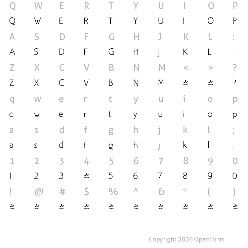 Character Map of FONTSPRING DEMO - Draetha Thin Regular