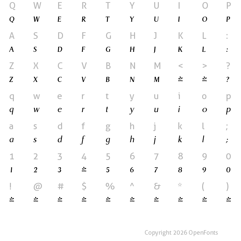 Character Map of FONTSPRING DEMO - Dragon Serial Italic