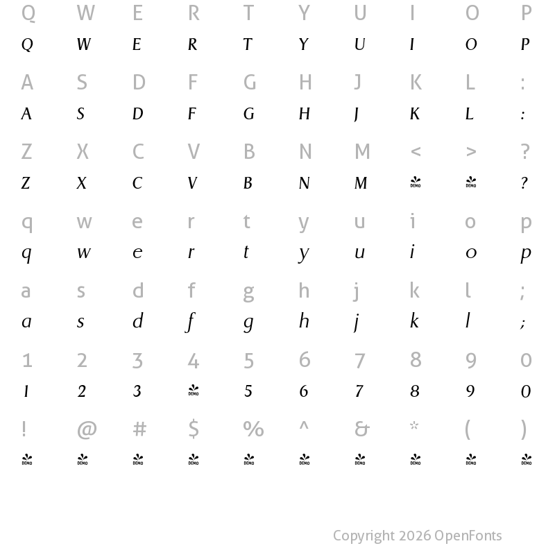 Character Map of FONTSPRING DEMO - Dragon Serial Light Italic