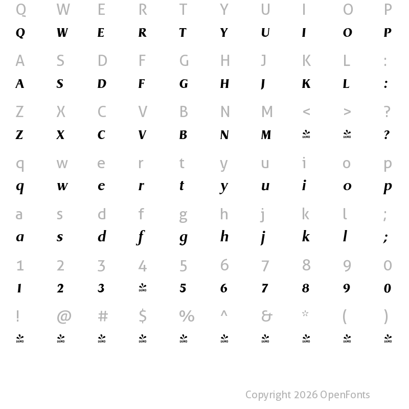 Character Map of FONTSPRING DEMO - Dragon Serial Xbold Italic