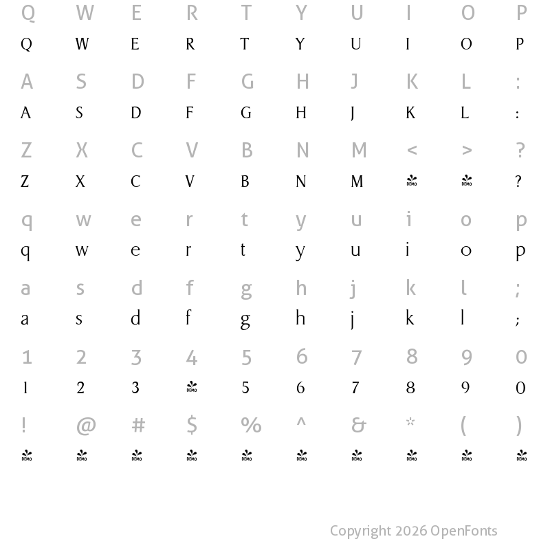 Character Map of FONTSPRING DEMO - Dragon Serial Xlight Regular