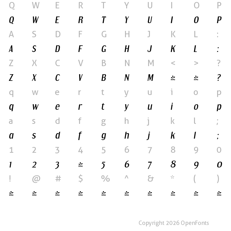 Character Map of FONTSPRING DEMO - Dream Orphanage Rg Italic