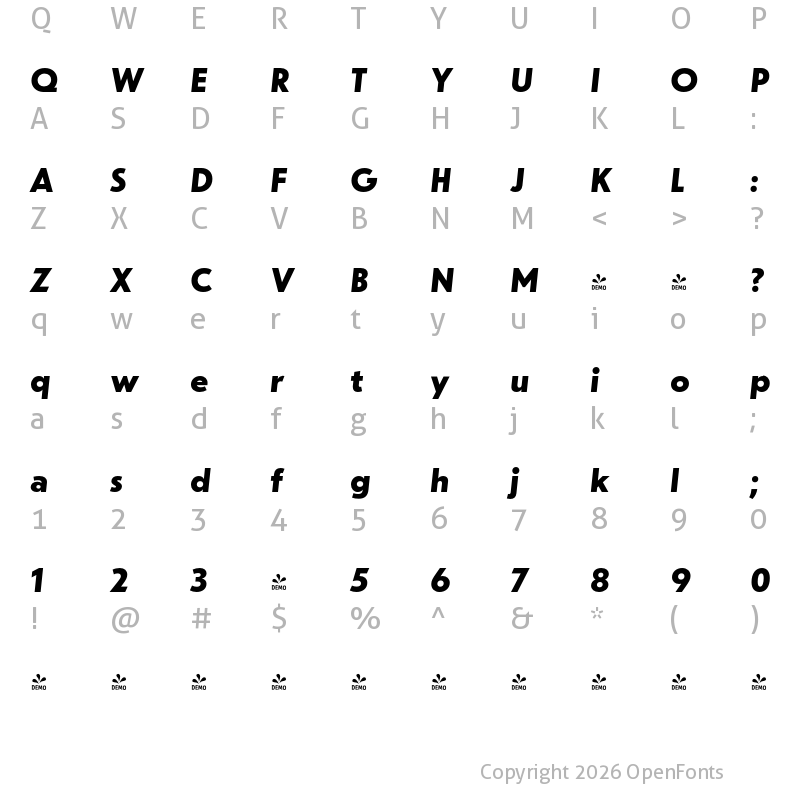 Character Map of FONTSPRING DEMO - dT Jakob Bold Italic