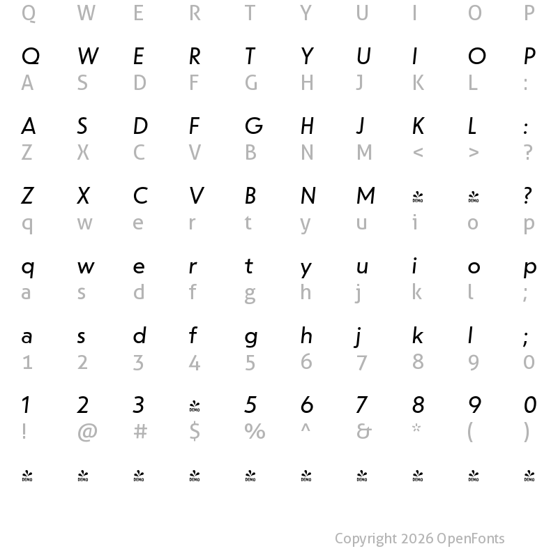 Character Map of FONTSPRING DEMO - dT Jakob Italic