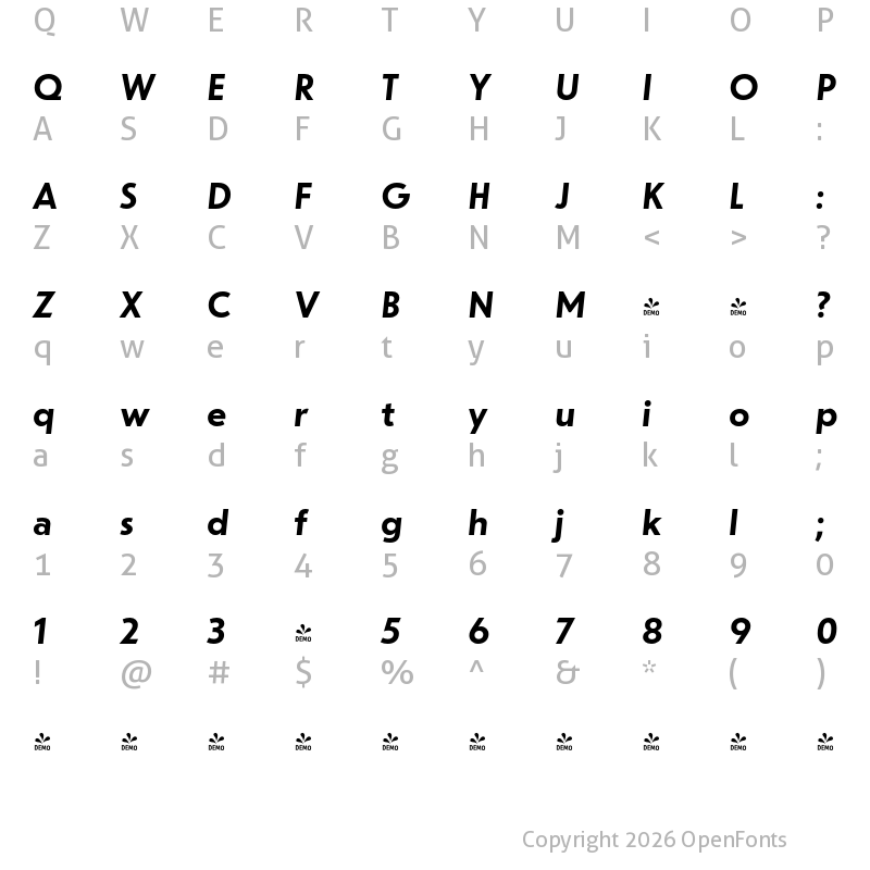 Character Map of FONTSPRING DEMO - dT Jakob SemiBold Italic Regular