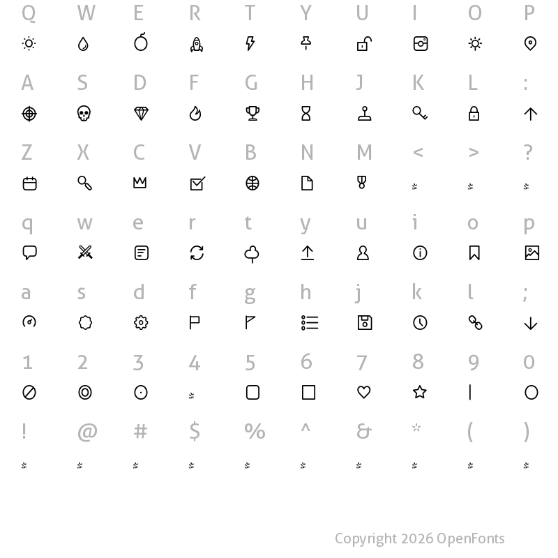 Character Map of FONTSPRING DEMO - Duepuntozero Pro Icon Book Regular