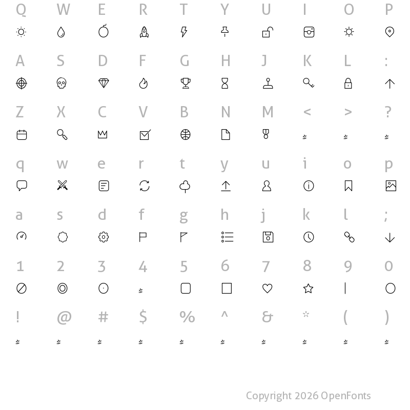Character Map of FONTSPRING DEMO - Duepuntozero Pro Icon Light Regular