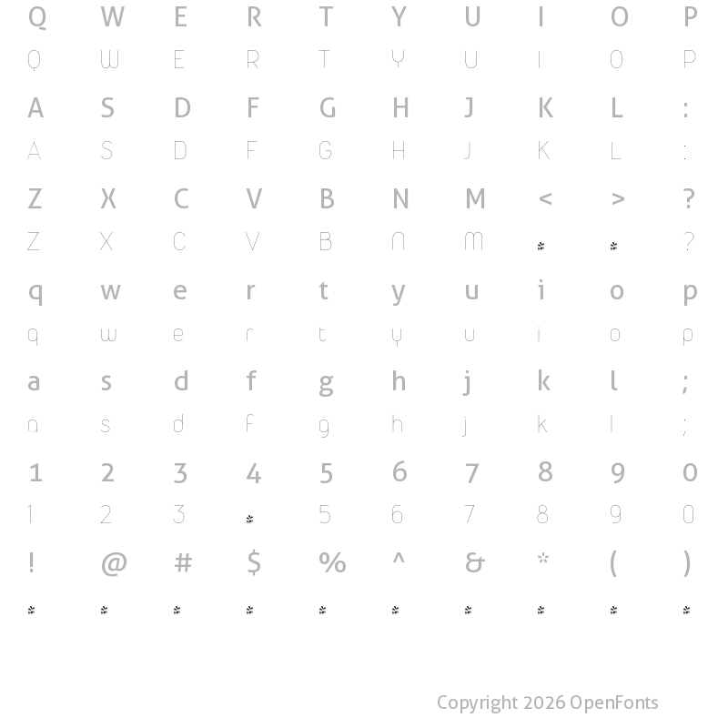 Character Map of FONTSPRING DEMO - Duepuntozero Pro Thin Regular