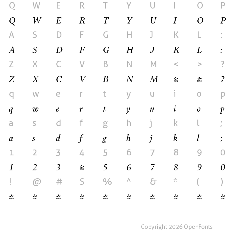 Character Map of FONTSPRING DEMO - Dupincel Medium Italic