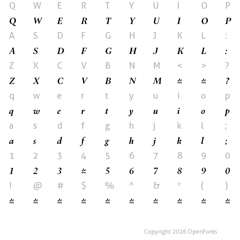 Character Map of FONTSPRING DEMO - Dupincel Medium SemiBold Italic