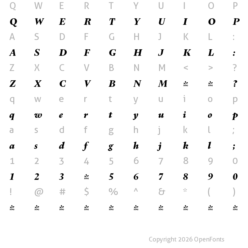 Character Map of FONTSPRING DEMO - Dupincel Small Black Italic