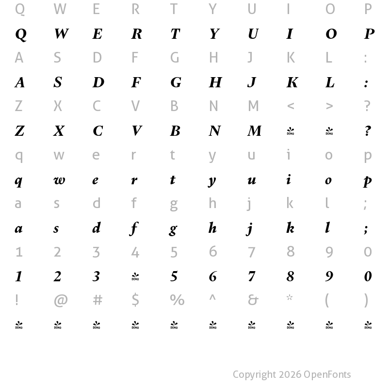 Character Map of FONTSPRING DEMO - Dupincel Small Bold Italic
