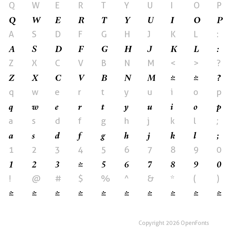 Character Map of FONTSPRING DEMO - Dupincel Small SemiBold Italic