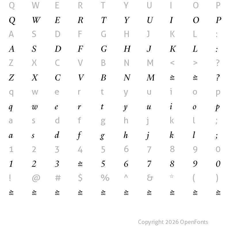 Character Map of FONTSPRING DEMO - Dupincel VF Italic Regular