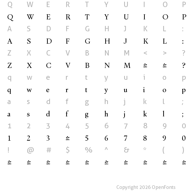 Character Map of FONTSPRING DEMO - Dupincel VF Roman Regular