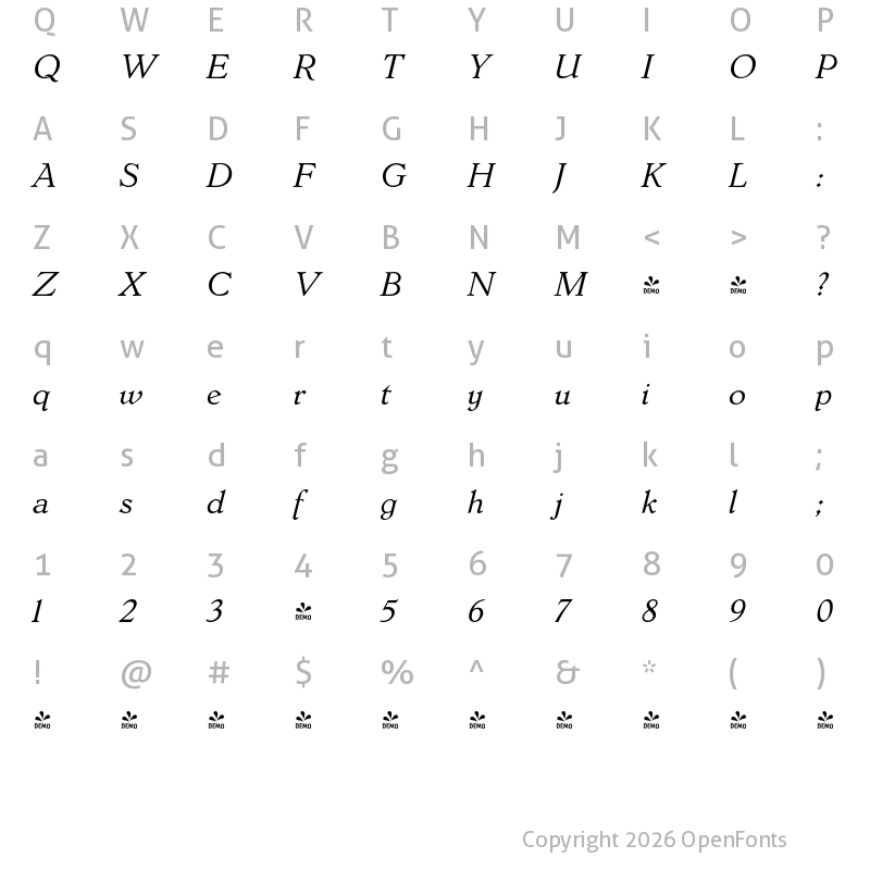 Character Map of FONTSPRING DEMO - Dutch Mediaeval Pro Italic