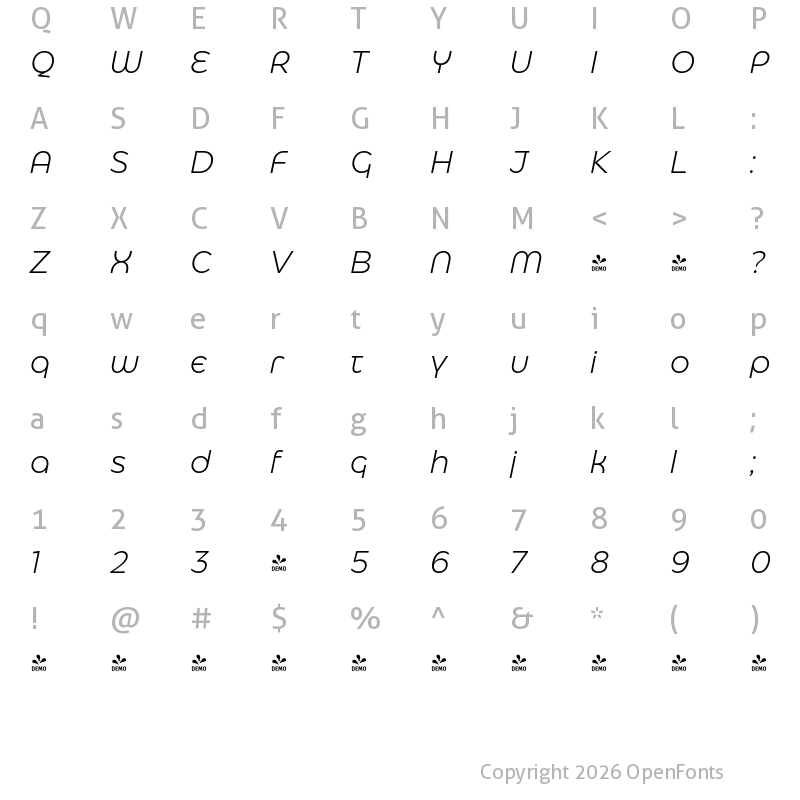 Character Map of FONTSPRING DEMO - Eastman Alternate Offset Italic