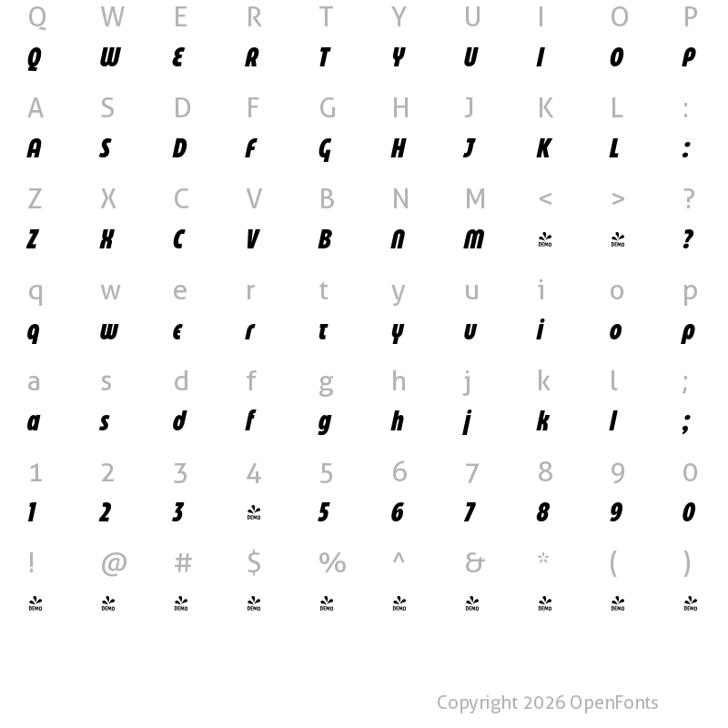 Character Map of FONTSPRING DEMO - Eastman Compressed Alt ExBd It Regular