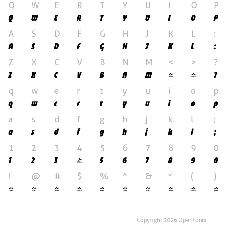 Character Map of FONTSPRING DEMO - Eastman Compressed Alt Heavy It Regular