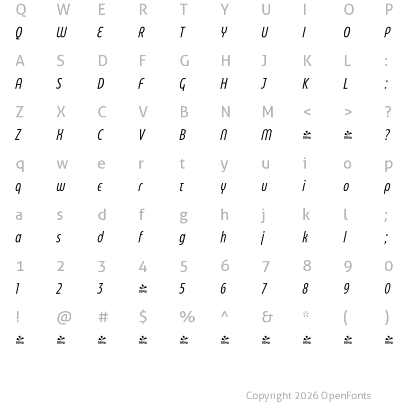 Character Map of FONTSPRING DEMO - Eastman Compressed Alt Italic